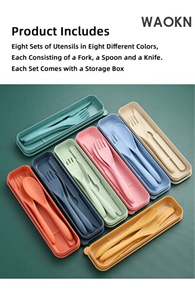 Generic 8 Colors Reusable Portable Wheat Straw Cutlery, Travel Utensils Flatw...
