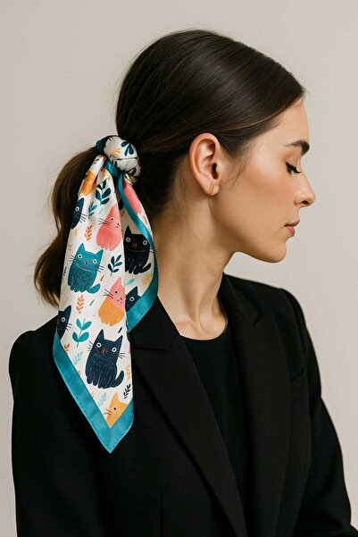 bahia butik aksesuar Women'S, Colorful Cat Patterned Square Scarf – 50X50 Sha...