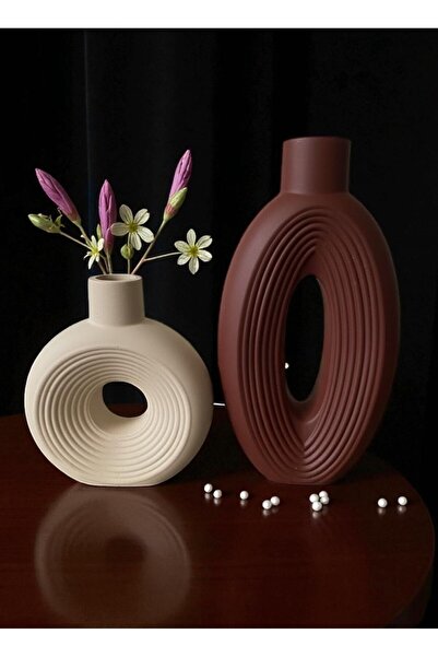 ELBUCOLECTION Pulbere de piatră lucrată manual 2 buc. vază decorativă mare 27-14 vază mică 18,5-16 cm culoare castaniu-cafea cu lapte