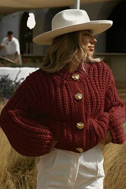 NATUFIAN STORE Women's Metal Buttoned Thick Knitted Long Sleeve Knitwear Cardigan