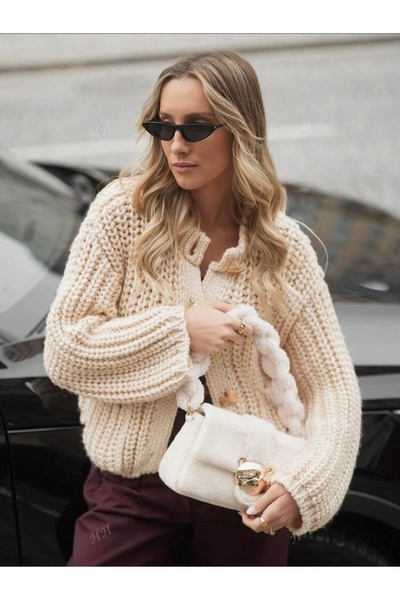 NATUFIAN STORE Women's Metal Buttoned Thick Knitted Long Sleeve Knitwear Cardigan