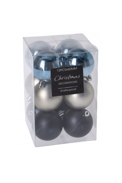 OEM Set of 12 Christmas baubles, plastic, 6 cm, blue, silver and dark blue