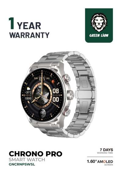 Green Lion Chrono Pro Smart Watch 1.6" AMOLED, BT Calling, 7-Day Battery - Silver