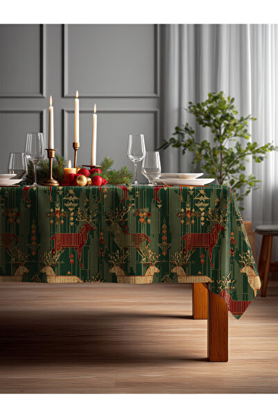 Medi Home Yılbaşı Altın Geyik Deseni Masa Örtüsü