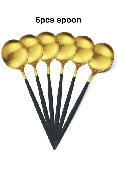 Generic 6Piece Royal Spoons Black Gold Flatware Matte Black Handle 18/10 Stai...