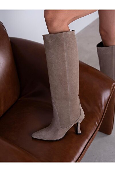 ECENİN BUTİĞİ Ambra Vizon Süet Hakiki Deri Kadın Çizme