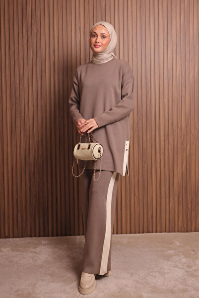 Mogi Butik Γυναικείο oversized ίσιο υφαντό άνοιγμα ισλάμικο πλεκτό σετ 3115