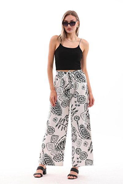 charamela Women's Linen Blend Black and White Patterned Elastic Waist Palazzo Pants -