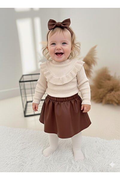BAHNUR Brown Leather Skirt, Blouse and Bandana Set, Top and Bottom Set