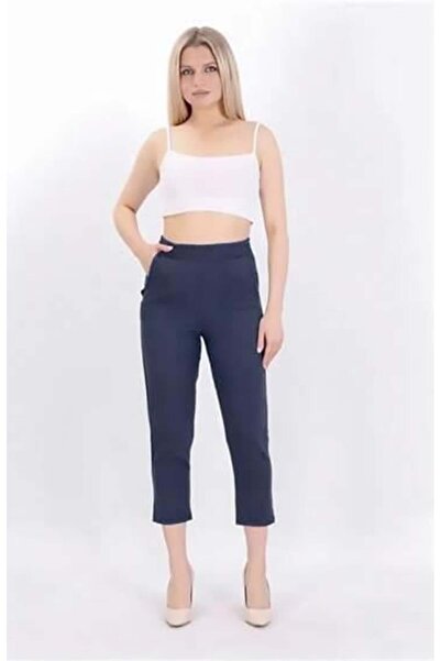 charamela Double Fabric Waistband with Elastic, Navy Blue Smart Casual Carrot Pants -