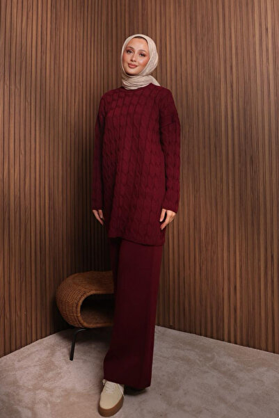 Mogi Butik Women's Oversized Hair Braid Pattern Trouser Hijab Knitwear Set 3116