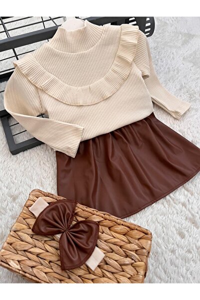 BAHNUR Brown Leather Skirt, Blouse and Bandana Set, Top and Bottom Set