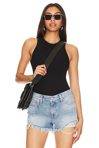 bysoca Kadın Siyah Yüksek Yaka Sırtı Amerikan Kesim Çift Kat Sandy Kumaş Basic Tanga Bodysuit