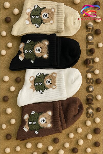 GOLDEN SOCKS 4 Çift Ayıcık Desenli Pamuklu Çorap, Kadın Renkli Kolej Çorap