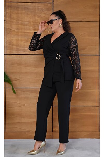 Butik Nilyam Women's Plus Size Double-Breasted Lapel Lace Sleeve Waist Brooch Detail Blouse Pants Bottom Top Set Black 25011