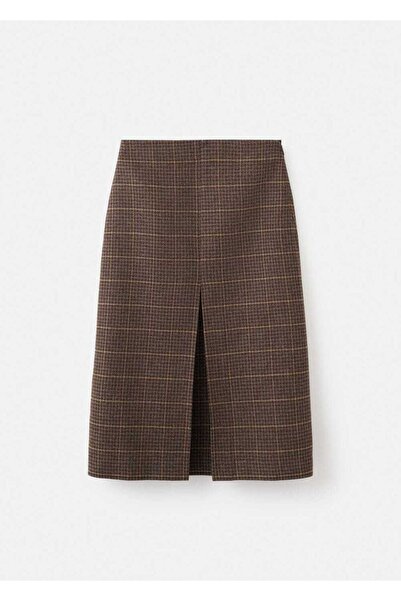 MANGO Woman Yün karışımlı kareli midi etek