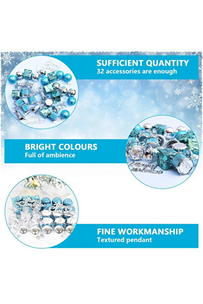 OEM Set de 32 globuri de Crăciun, 3 cm, tobe, cadouri, steluțe și figurine, plastic, albastru și argintiu