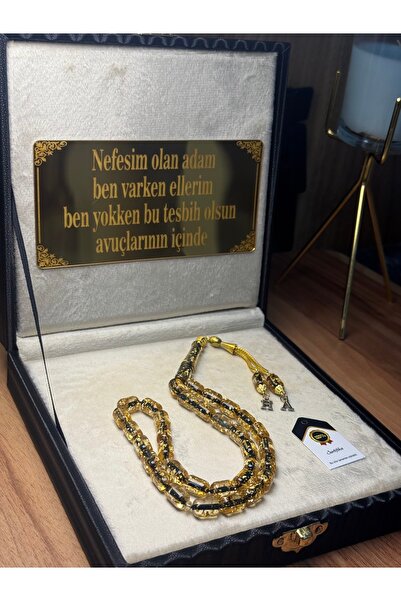 TESBİH-i DiYAR Kişiye özel püskül,kutu yazılı altın parçacıklı Tesbih