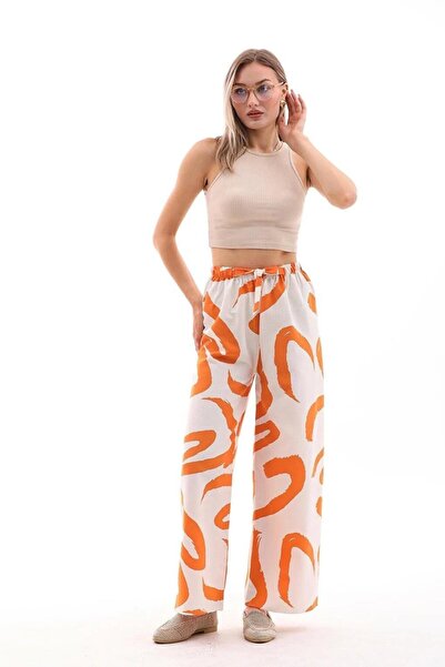 charamela Women's Linen Blend Orange-White Patterned Elastic Waist Palazzo Pants -