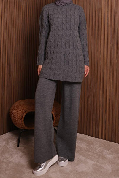 Mogi Butik Women's Oversized Hair Braid Pattern Trouser Hijab Knitwear Set 3116