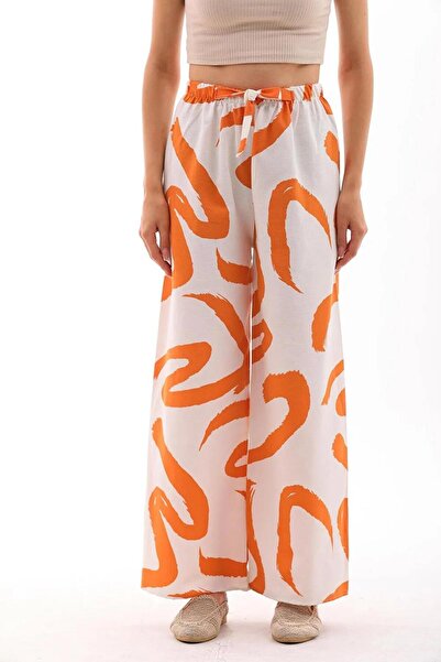 charamela Women's Linen Blend Orange-White Patterned Elastic Waist Palazzo Pants -