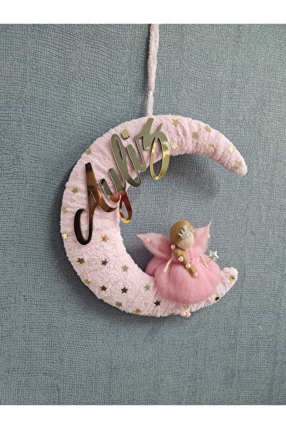 buketiket Keçe Peri Kızı Ay Şeklinde Çocuk Bebek Odası Kapı Süsü Duvar Dekoru