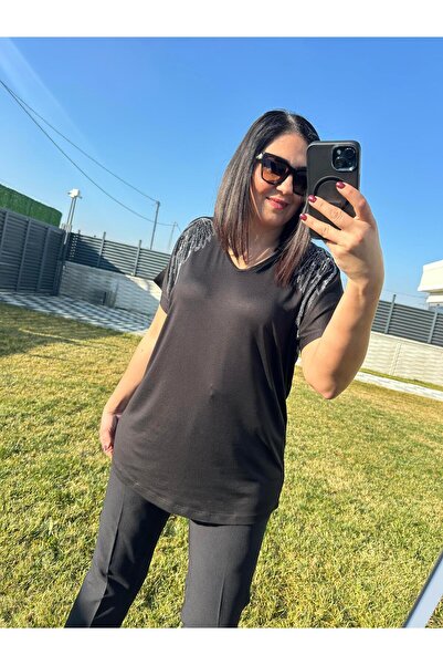 charamela Kadın büyük beden geniş kalıp omuzları taşlı bluz-bgb109 -