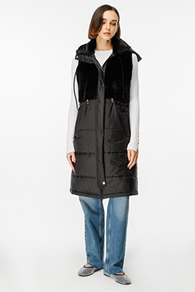 Micca Puf Kapitone Dolgulu Soft Peluş Garni Yelek-Siyah