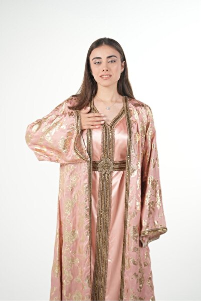 al bent al sharqieh Moroccan embroidered satin kaftan dress with a waist belt