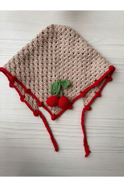 Patiska Tasarım Handmade Elegance: Cream Beige Cherry Detailed Crochet Bandana, Knitted Hair Accessory
