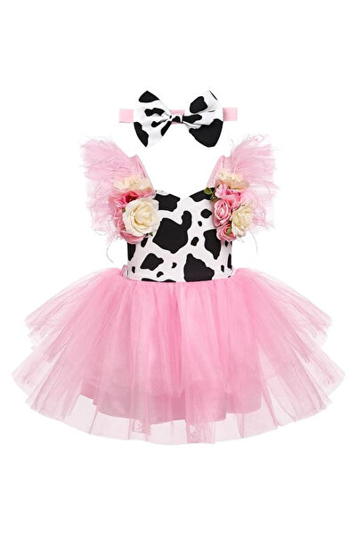 OEM Rochiță FYMNSI cu bentiță, 3-6 luni, stil prințesă, model vacă/fluture, roz