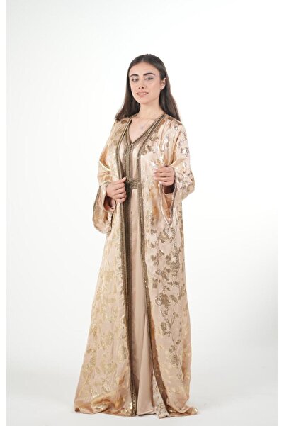 al bent al sharqieh Moroccan embroidered satin kaftan dress with a waist belt