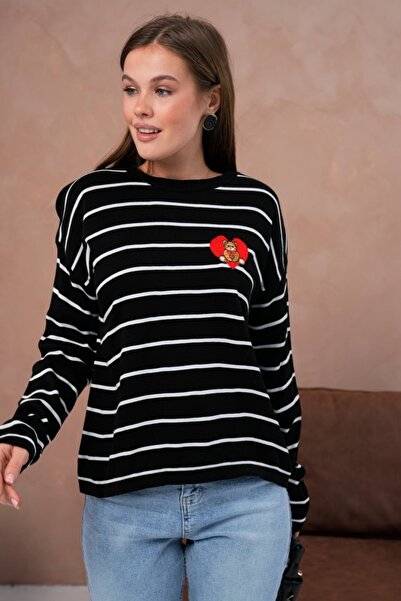 Noi Belis Oversized Striped Teddy Bear Detailed Crew Neck Sweater Aw25Kz0070