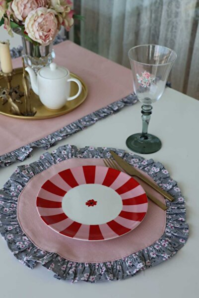 vintagetasarım Supla Round American Placemat Pink Grey Ruffled Vintage Floral 35X35Cm 2Pcs