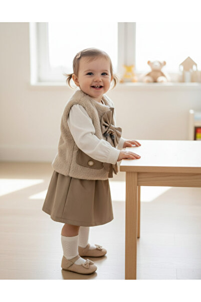 YusGos Baby Girl Monthly Leather Skirt Plush Vest Combed Sweat Set