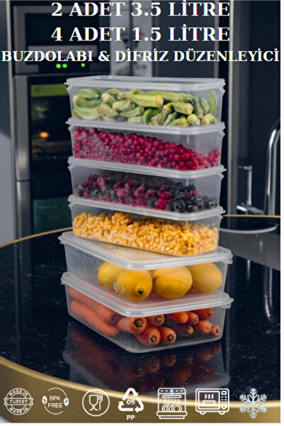 Ecolux 2 Adet 3,5 Lt - 4 Adet 1,5 Lt Sızdırmaz Saklama Kabı Buzdolabı Difriz Düzenleyeci Organizer