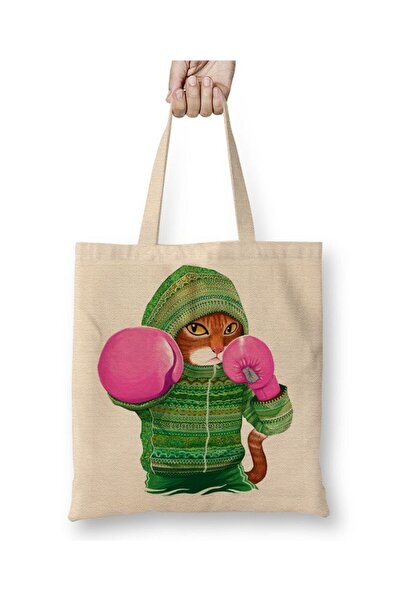 Toyaso حقيبة تسوق من القماش الأبيض من Boxing Cat Cats Kick Boxing Muay Thai ب...