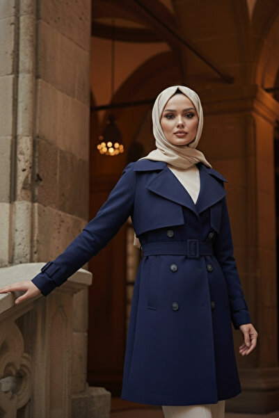 Zeneva Collection Lacivert %100 Pamuk Gabardin Midi (95 cm) Astarlı Kemerli Kadın Tesettür Trençkot