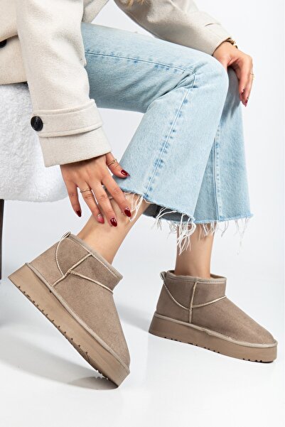 Betül Ayakkabı ve Çanta Kadın Süet Içi Tüylü Kalın Taban Acı Nude Yarım Bot Ayakkabı Ayakkabı Forum