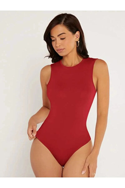 bysoca Kadın Kırmızı Yüksek Yaka Sırtı Amerikan Kesim Sandy Kumaş Basic Tanga Bodysuit