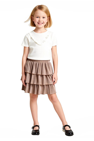 PayBuy Girl's Ruffle Collar Ribbed Top and Layered Skirt Set, High Quality, Stylish, Comfortable, Casual