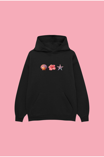 PURE POWER Oyster Shell Pink UNISEX OVERSIZE BLACK COTTON HOODED PRINTED SWEA...