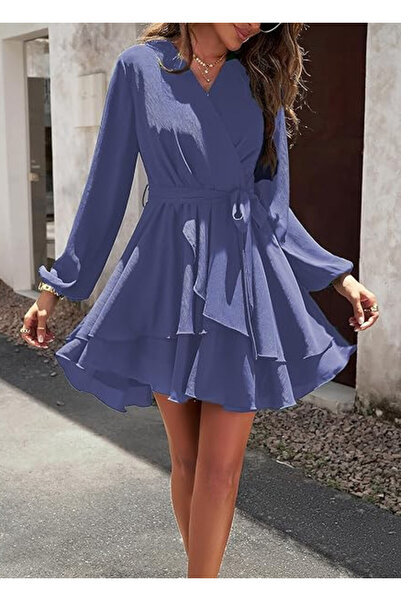 OEM Rochie de damă Jiraewh, poliester, decolteu în V, albastră, mărimea XL