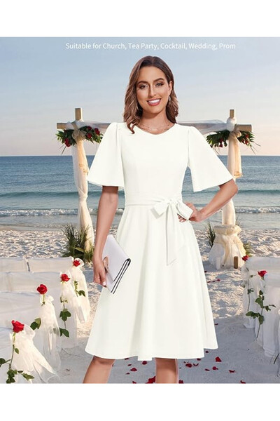 OEM Elegant dress by Bbonlinedress, size L, short sleeves, detachable belt, white