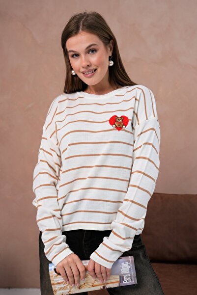 Noi Belis Oversized Striped Teddy Bear Detailed Crew Neck Sweater Aw25Kz0070