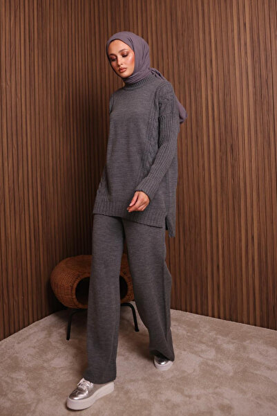 Mogi Butik Women's Oversized Knitted Patterned Pants Hijab Knitwear Set 3117