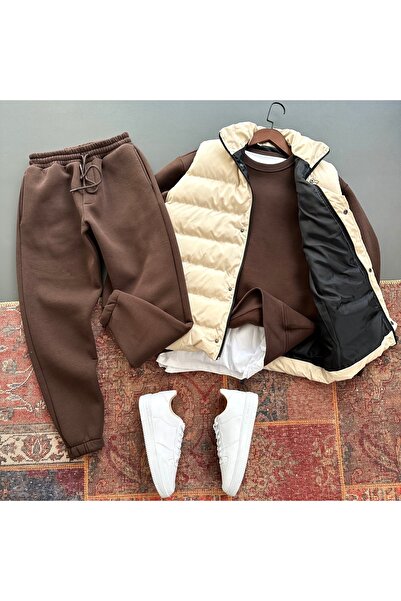 tiggirmoda Inflatable Vest and Oversize 3 Thread Crew Neck Thick Fleece Bottom Top Suit, Set of 3