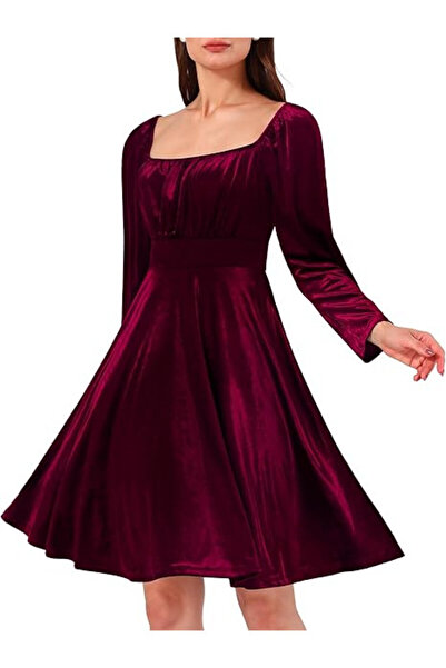 OEM Wedtrend women's cocktail dress, size XL, velvet, square neckline, knee length, burgundy color