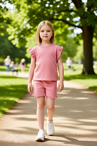 PayBuy Girl's Cotton Muslin Ruffle Detail Relaxed Fit T-Shirt and Shorts Set Quality Stylish Comfortable