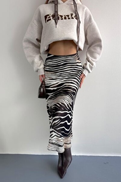 Hisleria Zebra Pattern Verev Viscose Satin Fabric Midi Length Skirt
